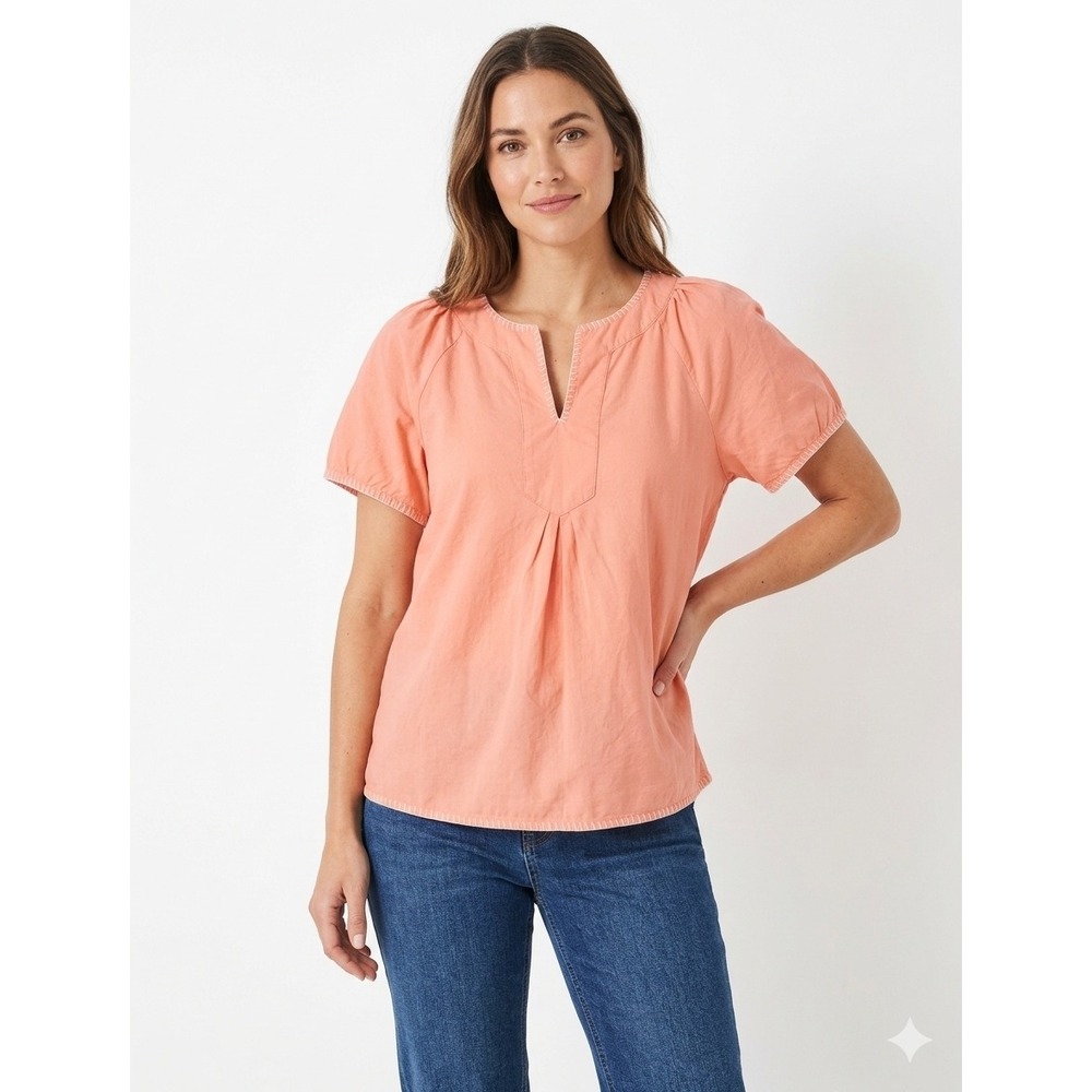 Crown & Ivy Coral Pink Cotton Whipstitch Split Neck Blouse XL